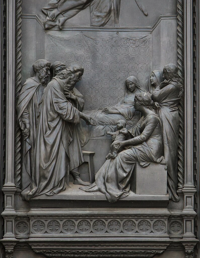 Cattedrale di Santa Maria del Fiore, Firenze - Facciata, Portale in bronzo. Battente dx, Natività di Maria, dettaglio 1